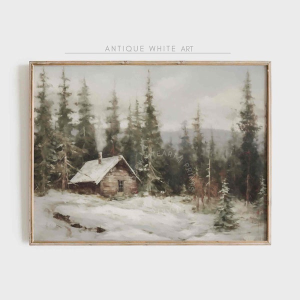 Impression rustique de cabane d'hiver, art mural imprimable hiver, peinture ferme hiver forêt de pins, impression paysage vintage, téléchargement numérique | W88
