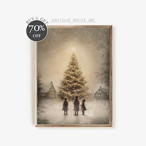 Printable Christmas Tree Print, Winter Town Painting, Christmas Eve, Moody Winter Wall Art, Farmhouse Christmas Decor, Digital Download W144