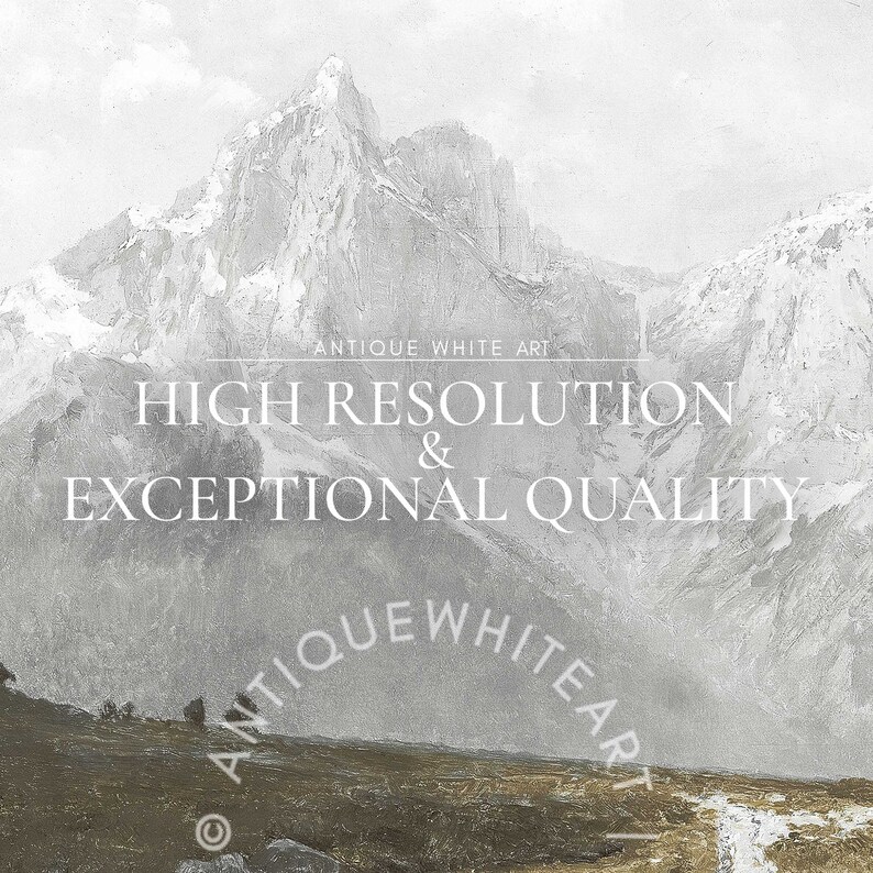 May include: A black and white vintage illustration of a mountain range with a snowy peak. The image has the text "Antique White Art" and "High Resolution & Exceptional Quality" in the centre.