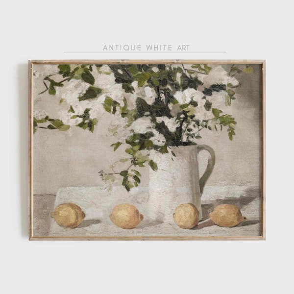 Vintage keuken stilleven schilderij, antieke eetkamer neutrale bloemen print, Citrus Wal Art, afdrukbare digitale download | A194