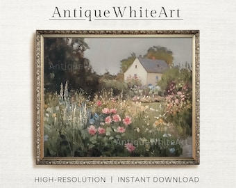 May include: A digital painting of a white cottage with a garden in front of it. The garden is filled with pink flowers and green foliage. The cottage has a gray roof and a white door. The painting is framed in a gold frame.