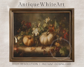 Lámina decorativa de calabazas para imprimir, lámina otoñal con ambiente melancólico, pintura floral otoñal, lámina de arte otoñal oscuro, arte rústico otoñal para imprimir, decoración de temporada / A501