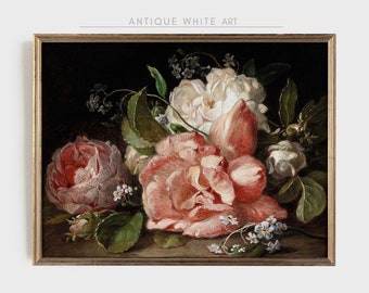 Impressão floral vintage sombria, arte de parede botânica estilo Dark Academia, pintura a óleo de natureza morta com rosas cor-de-rosa, arte digital para impressão | A45