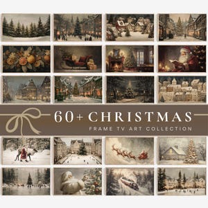 Può includere: Una collezione di stampe artistiche natalizie incorniciate. Le immagini raffigurano scene invernali con paesaggi innevati, decorazioni festive e personaggi delle feste. Il testo recita "60+ CHRISTMAS FRAME TV ART COLLECTION."