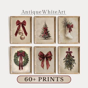 May include: Six framed art prints featuring Christmas themes including gold ornaments with a red bow, a decorated pine tree, a stocking with a red bow, a wreath with a red bow, a large red bow, and mistletoe with a red bow. Text reads AntiqueWhiteArt.