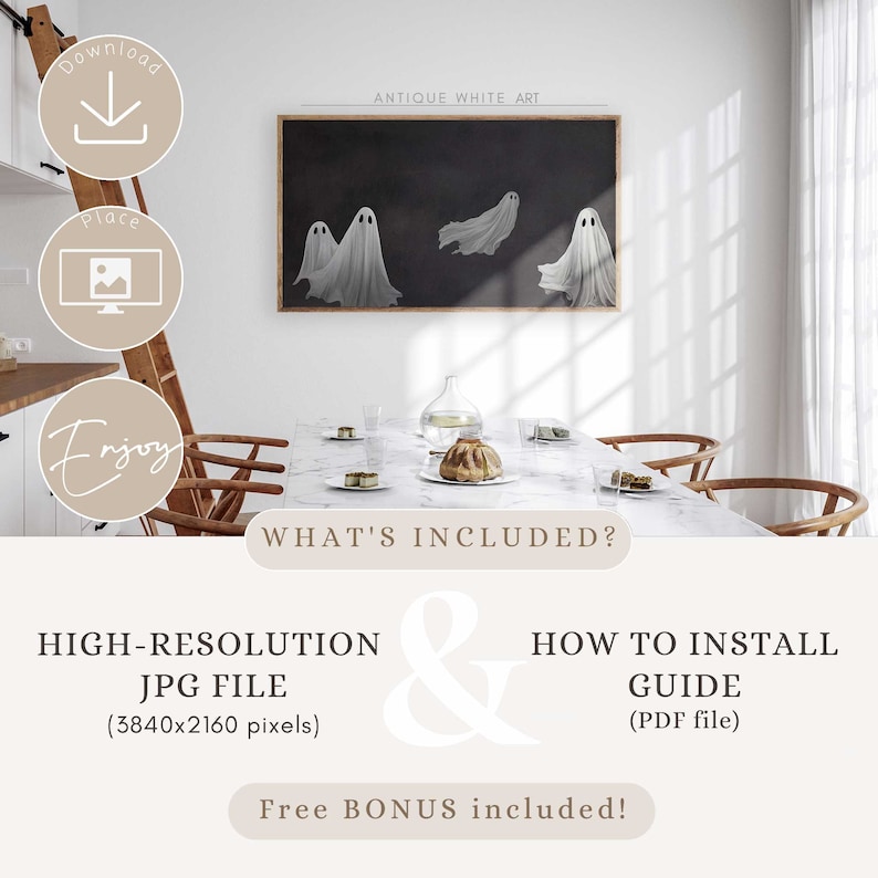 May include: A digital download of a printable art print featuring three white ghosts on a black background. The text "Antique White Art" is at the top of the image. The image is shown in a mock-up setting on a white marble table with a vase of flowers and a cake.