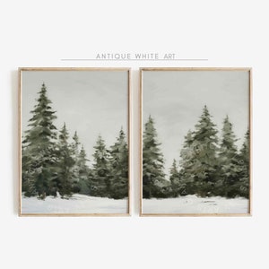 Impression d'hiver enneigé, lot de 2 oeuvres d'art murales imprimables de Noël, peinture hiver ferme forêt de pins, impression paysage rustique à télécharger | S18