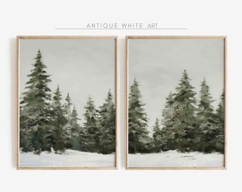 Snowy Winter Print, Set of 2 Christmas Printable Wall Arts, Farmhouse Winter Pine Forest Painting, DownloadableRustic Landscape Print | S18