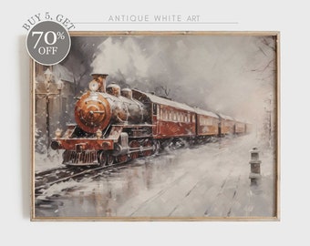 AFDRUKBARE Kerst Express trein, humeurig winterlandschap, besneeuwde spoorweg kunst aan de muur, kerst Home Decor, digitale downloadbare print | W38
