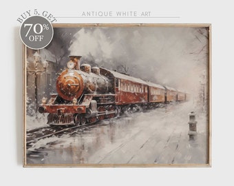 Train express de Noël à imprimer, paysage d'hiver lugubre, art mural chemin de fer enneigé, décoration d'intérieur de Noël, impression numérique téléchargeable | W38