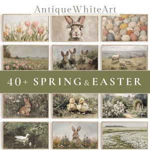 May include: A collection of vintage-style art prints featuring spring and Easter themes. The prints showcase bunnies, ducklings, flowers, and landscapes. The text "Antique White Art" and "40+ Spring & Easter" are visible.