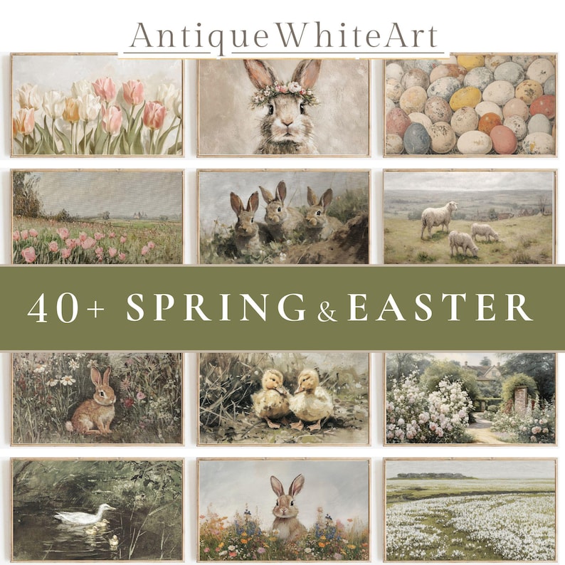 May include: A collection of vintage-style art prints featuring spring and Easter themes. The prints showcase bunnies, ducklings, flowers, and landscapes. The text "Antique White Art" and "40+ Spring & Easter" are visible.