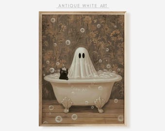 Halloween Badezimmer Druck, Geist mit einer schwarzen Katze in der Badewanne Wand Kunst, Halloween Badezimmer Drucke, gruselige Malerei, lustige Halloween Dekoration | A348