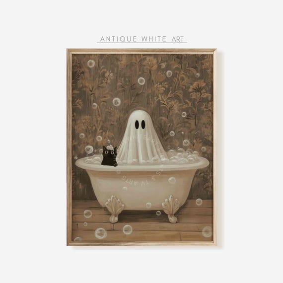 Halloween Bathroom Print, Ghost with a Black Cat in Bathtub Wall Art, Halloween Bathroom Prints, Spooky Painting, Fun Halloween Decor | A348