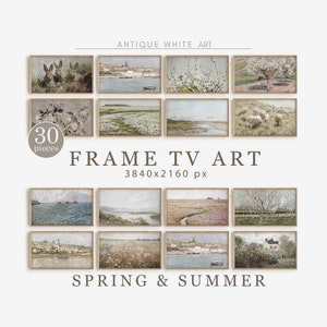 May include: A set of 30 framed prints featuring a variety of spring and summer scenes. The prints are in antique white frames and feature images of flowers, trees, water, and animals. The text "FRAME TV ART 3840x2160 px" is displayed below the images. The text "SPRING & SUMMER" is displayed below the frames.