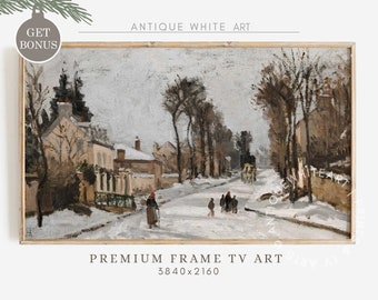 Puede incluir: Una pintura que representa una escena de calle nevada con casas y árboles. Personas caminan por la calle y un carruaje tirado por caballos se ve en la distancia. La pintura está en un marco dorado.