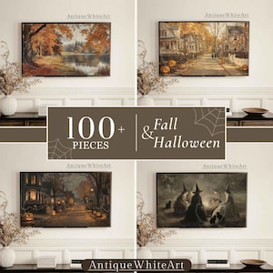 May include: A digital collection of 100+ pieces featuring fall and Halloween themes displayed on four screens. The images include a lake with autumn trees, a suburban street with pumpkins, a night street scene, and witches with black cats.