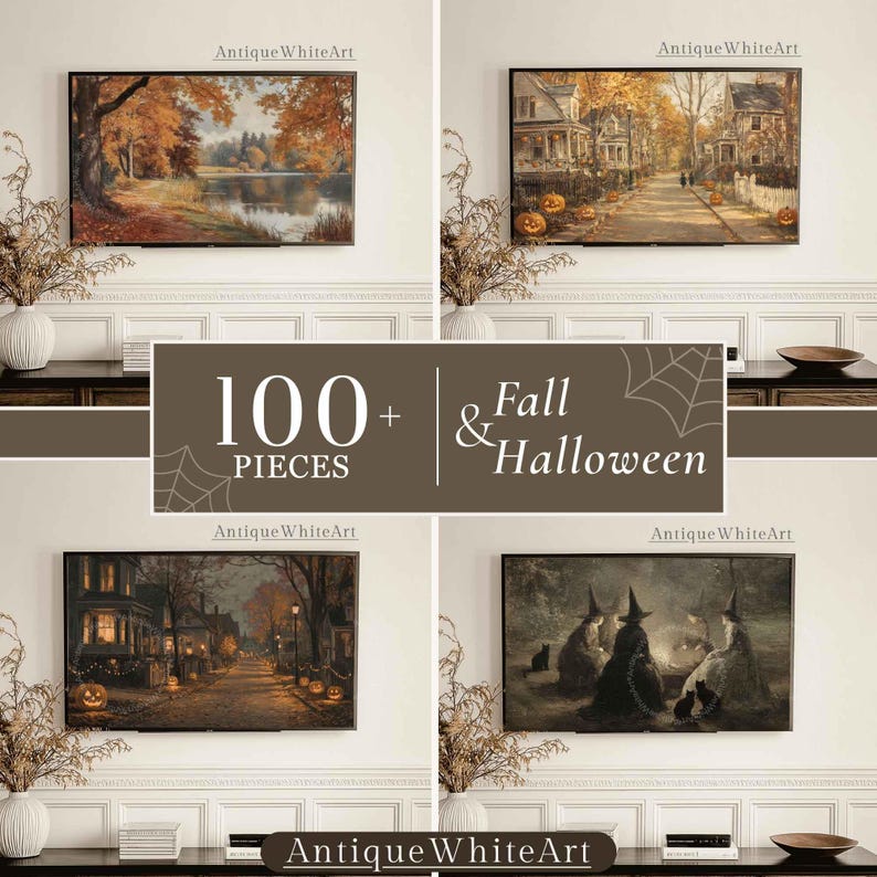 May include: A digital collection of 100+ pieces featuring fall and Halloween themes displayed on four screens. The images include a lake with autumn trees, a suburban street with pumpkins, a night street scene, and witches with black cats.