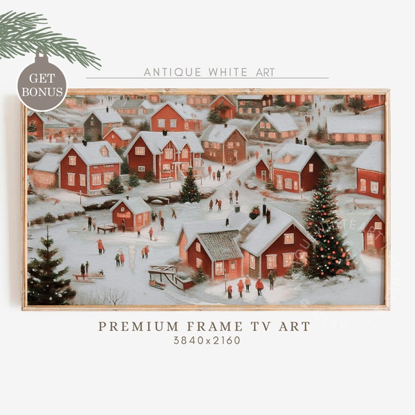 Winter Village Samsung Frame TV Art, Vintage Farmhouse Christmas Painting for TV, the Frame Tv Art, Festive Tv Art, Holiday Home Decor | WA2