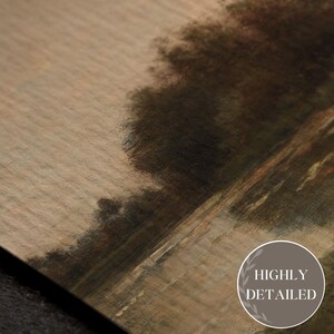 May include: A highly detailed, vintage-style painting with a muted color palette. The artwork features a landscape with dark, blurred trees and a light-colored sky. The words "HIGHLY DETAILED" are in a circular badge.