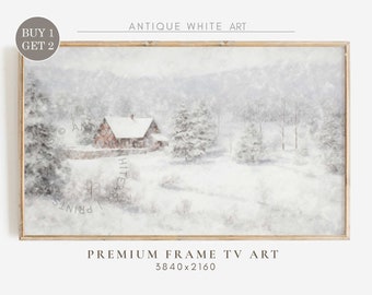 Besneeuwde winterframe TV-kunst, boerderij kerstkunst voor TV, besneeuwde winterlandschap, vintage schilderij, vakantie decor, digitale download | TV161