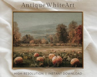PRINTABLE Pumpkin Field Wall Art, Vintage Fall Oil Painting, Instant Download, Autumn Country Landscape, Fall Decor, Downloadable Art | A499