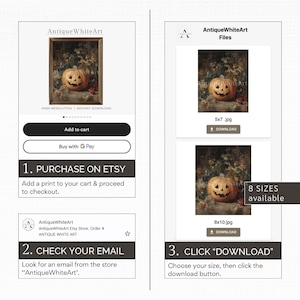 Puede incluir: Un anuncio de Etsy para una descarga digital de una pintura de estilo vintage con una calabaza tallada. El anuncio incluye opciones para agregar al carrito y comprar con G Pay. El texto dice "AntiqueWhiteArt" y "HIGH-RESOLUTION | INSTANT DOWNLOAD".