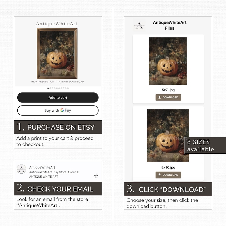Puede incluir: Un anuncio de Etsy para una descarga digital de una pintura de estilo vintage con una calabaza tallada. El anuncio incluye opciones para agregar al carrito y comprar con G Pay. El texto dice "AntiqueWhiteArt" y "HIGH-RESOLUTION | INSTANT DOWNLOAD".