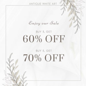May include: A white background with a brown border and floral accents. The text "Enjoy our Sale" is at the top of the image. The text "BUY 3, GET 60% OFF" and "BUY 5, GET 70% OFF" is in the center of the image.