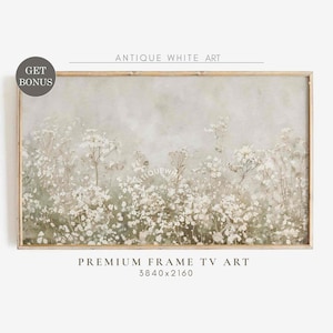 May include: A digital art print of a field of white wildflowers with a soft, muted green background. The print is framed in a light wood frame. The text "Antique White Art" is at the top of the image and the text "Premium Frame TV Art 3840x2160" is at the bottom of the image.
