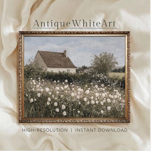 Peut inclure: Peinture encadrée d'un paysage champêtre avec une maison au toit brun entourée de fleurs blanches. Le ciel est bleu. Le cadre doré entoure l'œuvre. Le texte "Antique White Art" et "HIGH-RESOLUTION | INSTANT DOWNLOAD" est visible.
