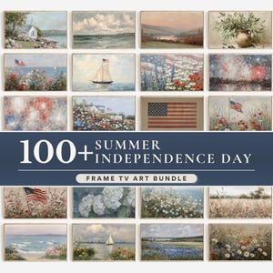 May include: A collection of framed art prints with a vintage aesthetic. The images depict landscapes, seascapes, and floral arrangements, with a focus on patriotic themes. Text reads "100+ Summer Independence Day Frame TV Art Bundle."