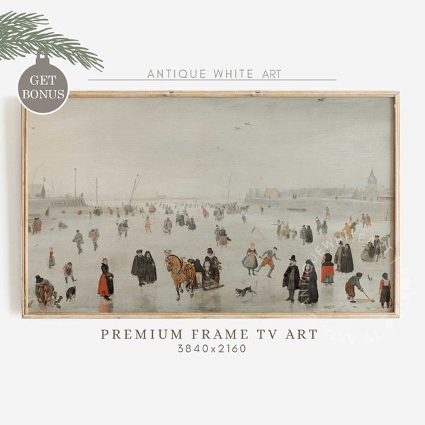 Vintage Frame TV, Antique Christmas Rustic Oil Painting, Ice Skating, Winter Samsung Frame TV Art, Christmas TV Art, Digital Download |TV226