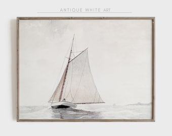Cuadro antiguo de velero, lámina de velero en acuarela suave, arte mural de barcos, lámina náutica vintage, descarga digital imprimible de estilo costero A113
