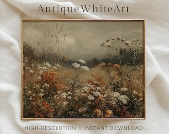 May include: A framed landscape painting featuring a field of wildflowers in shades of white, orange, and yellow. The artwork is set against a muted, cloudy sky. The text "Antique WhiteArt" is at the top, and "HIGH-RESOLUTION | INSTANT DOWNLOAD" is at the bottom.