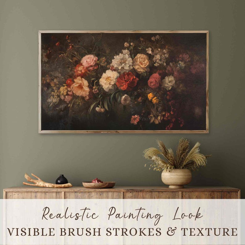 May include: A vintage-style painting of a bouquet of flowers in shades of pink, red, and white. The painting has a dark background and visible brushstrokes, giving it a realistic look.