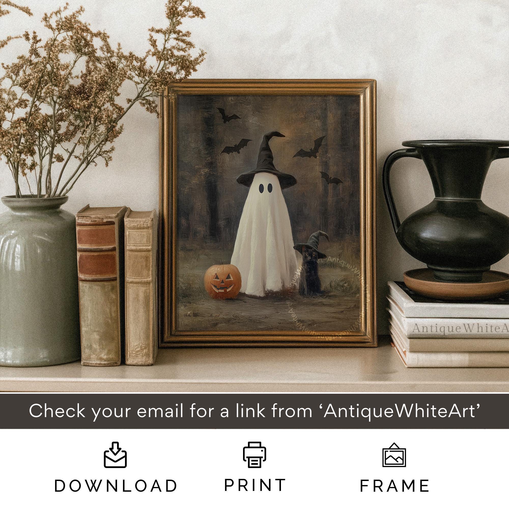 PRINTABLE Vintage Halloween Print, Cute Ghost and Black Cat in Dark ...