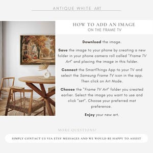 May include: A framed landscape painting with autumnal colours, a wooden table, and two chairs are visible. The image includes text: "ANTIQUE WHITE ART" and instructions on adding an image to a Frame TV.