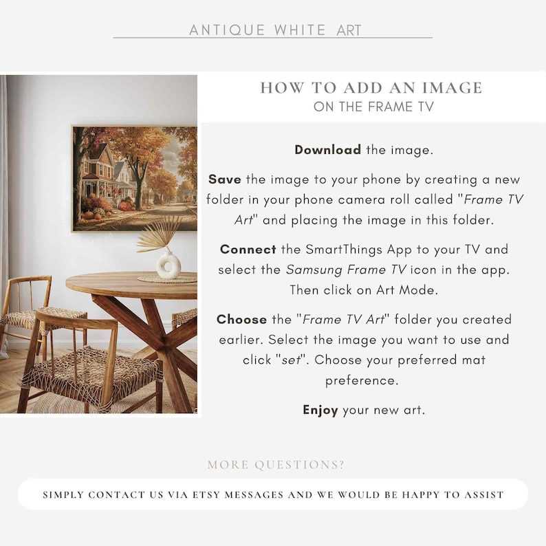May include: A framed landscape painting with autumnal colours, a wooden table, and two chairs are visible. The image includes text: "ANTIQUE WHITE ART" and instructions on adding an image to a Frame TV.