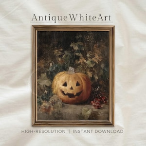 Stämningsfull Halloweenpumpa-väggkonst, Jack o'Lantern-målning, Halloween-tryck, pumpastillebenmålning, hösttryck, digital höstkonst | A493