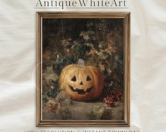 Arte mural de calabaza de Halloween con un toque melancólico, pintura de Jack-O-Lantern, impresión de Halloween, pintura de bodegón de calabaza, impresión de otoño, arte digital de otoño / A493