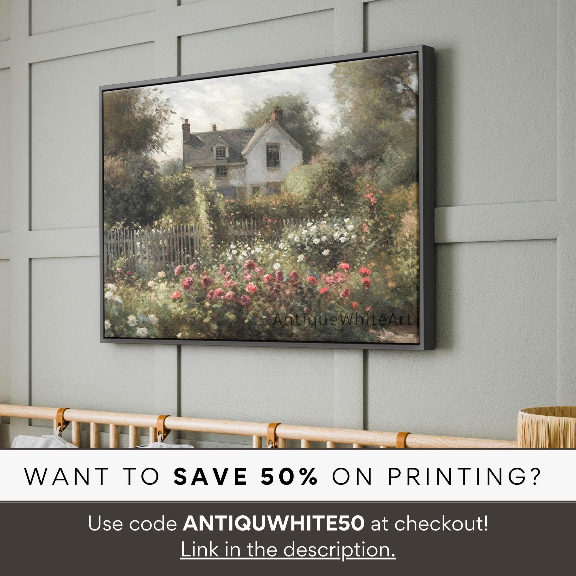 Printable Cottage Rose Garden, Vintage Oil Painting, Cottagecore Wall ...
