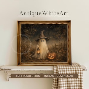 May include: A framed wall art print titled AntiqueWhiteArt featuring a ghost wearing a pointed hat and holding a lantern in a dark forest setting with a glowing orange jack-o'-lantern pumpkin on the ground, all enclosed in a gold frame.