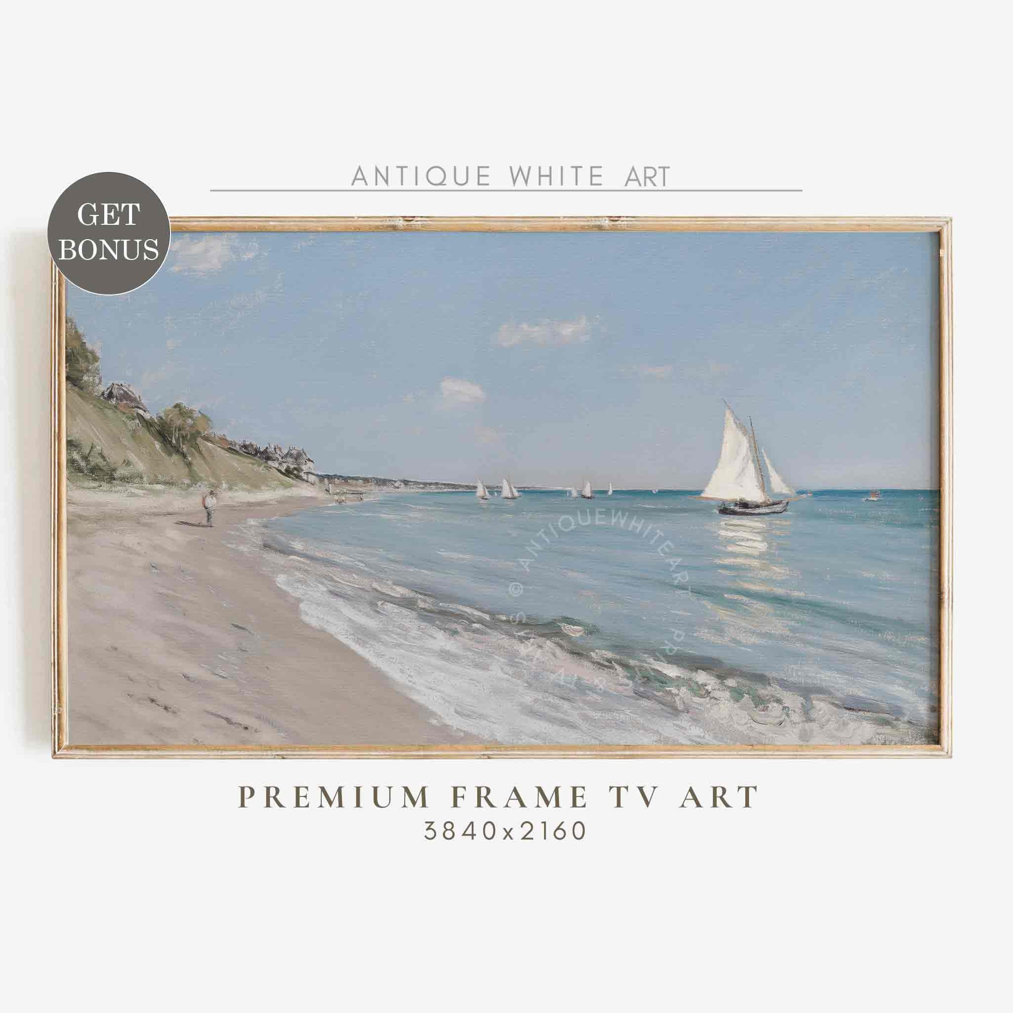 Coastal Samsung Frame TV Art, Summer Painting for TV, Sailboat Art, Beach Frame TV Art, Vintage Neutral Seascape, Digital Download | TV410