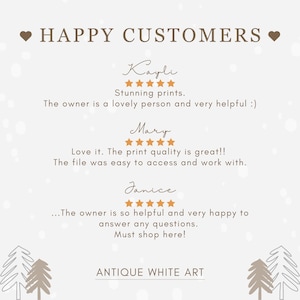 May include: A white background with brown text that reads "HAPPY CUSTOMERS".  Below the text are three customer reviews with five-star ratings and positive comments. The reviews are for a shop called "ANTIQUE WHITE ART".
