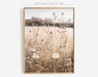 May include: A framed watercolor painting of a field of wildflowers in shades of white, brown, and beige. The flowers are in the foreground, with a forest in the background.
