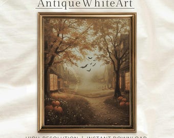 Puede incluir: Una impresión enmarcada de un paisaje otoñal con un camino que atraviesa un pueblo. La obra presenta árboles con hojas naranjas, calabazas y murciélagos volando. El texto "Antique White Art" está en la parte superior.