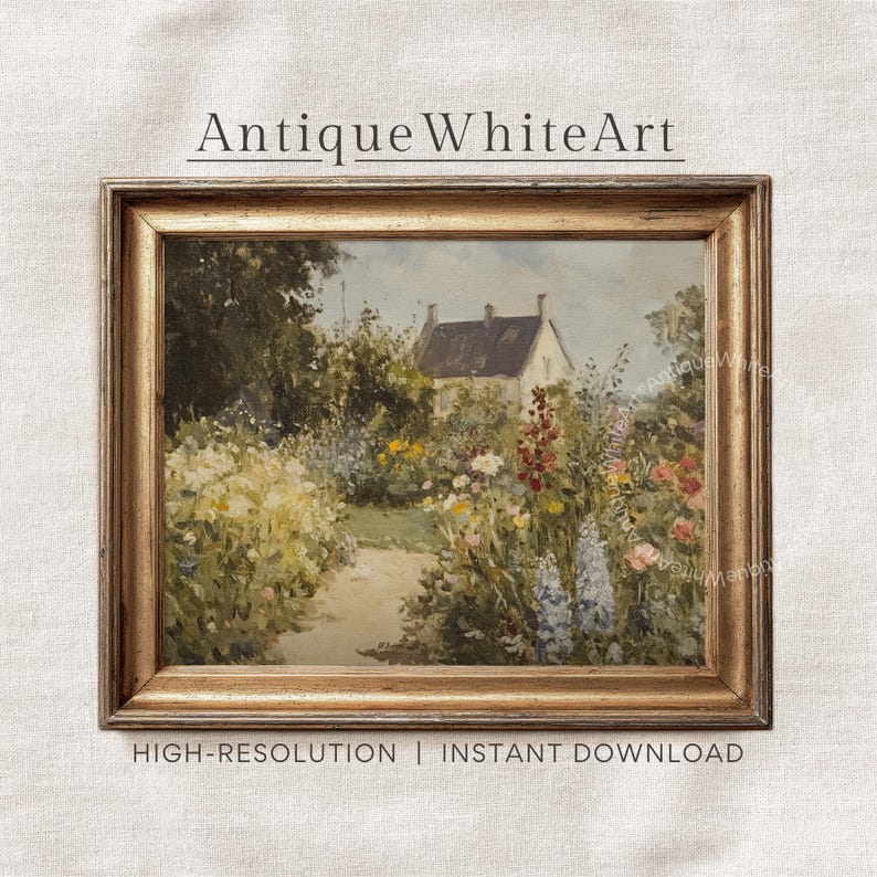 Printable Cottage Garden Wall Art, Spring Landscape Painting Print ...