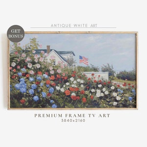 May include: A painting of a white house with a red, white, and blue American flag flying in front of it. The house is surrounded by a lush garden of red, white, and blue flowers. The painting is framed in a gold frame.