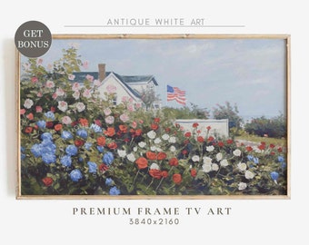 Independence Day Frame TV Art, 4th of July Art, American Flag, Coastal Garden, Summer Art for TV, USA Oil Painting, Digital Download | TV432